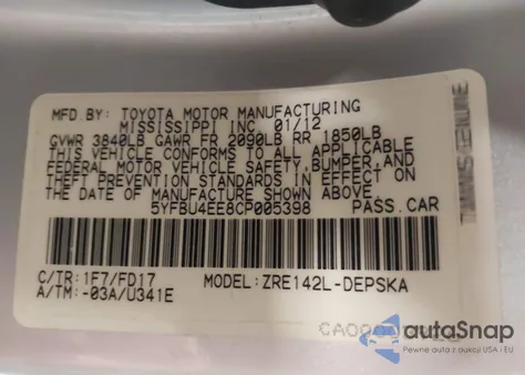 2012 Toyota Corolla S z USA, uszkodzony, nr VIN 5YFBU4EE8CP005398